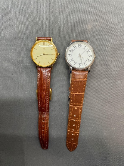 Lot of Two Stainless Steel Watches w/ Brown Leather Straps