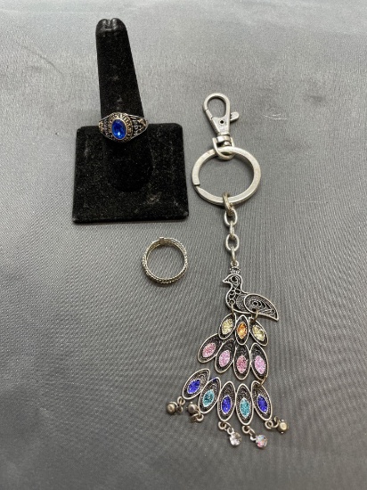 Lot of Three Silver-Tone Fashion Jewelry, One Peacock Design Colorful Keychain & Two Ring Bands