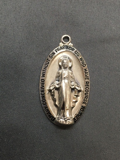 Creed Designer Oval 33x20mm Detailed Virgin Mary Themed Solid Sterling Silver Protection Medallion