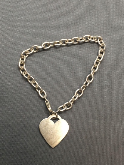 Cable Link 6.0mm Wide 8in Long Sterling Silver Bracelet w/ 24x20mm Engravable Heart Tag Bracelet