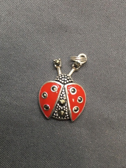 Marcasite Accented Red Enameled 20mm Tall 14mm Wide Sterling Silver Ladybug Pendant