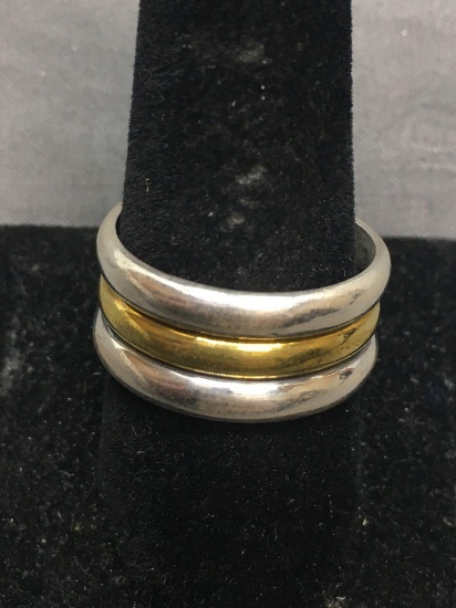 Two-Tone Triple Band Half Rounded 10mm Mexican Made Sterling Silver Cigar Ring Band