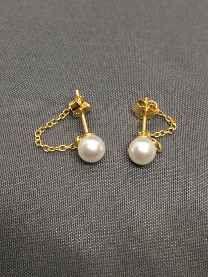 Round 5mm White Pearl w/ Chain Wrap Pair of Gold-Tone Sterling Silver Earrings