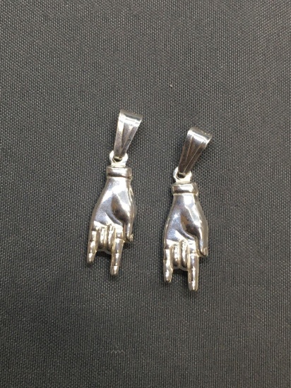 Lot of Two High Polished Hang Ten Hand Symbol Design 17mm Long 12mm Wide Sterling Silver Pendants