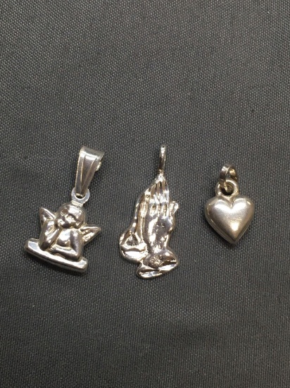 Lot of Three High Polished Sterling Silver Pendants, One Praying Hands, Puffy Heart & Cherub