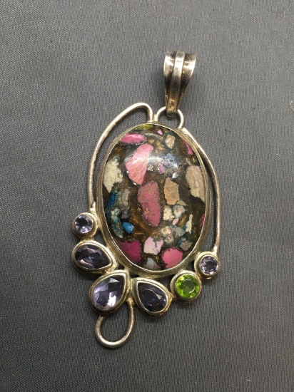Multi Gemstone Imbedded Cabochon Center w/ Faceted Peridot & Tanzanite Gemstone Accents 3in Long