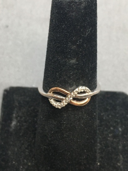 Round Faceted Diamond Accented Infinity Knot Design Sterling Silver w/ 10kt Rose Gold Accent Ring