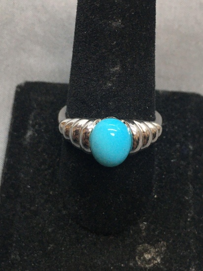 Oval 10x8mm Turquoise Cabochon Center Graduating Scallop Detailed High Polished Sterling Silver Ring