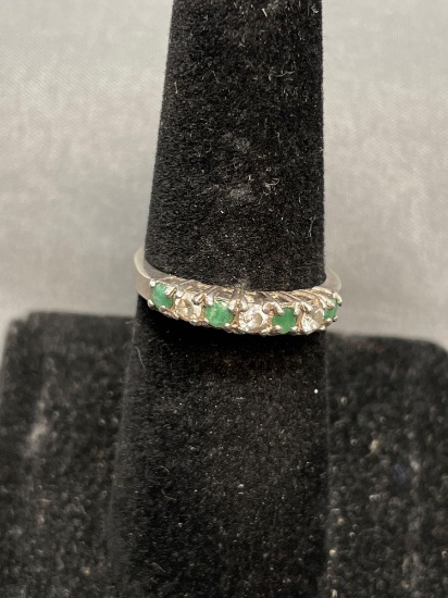 Alternating Round Emerald Gemstone & CZ Featured 3mm Wide Sterling Silver Ring Band