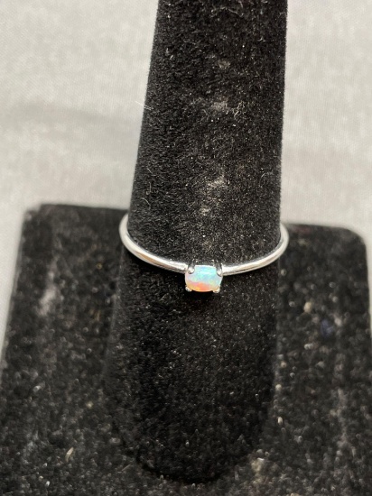 Horizontal Set Oval 4x3mm Opal Gemstone Center High Polished Sterling Silver Promise Ring Band