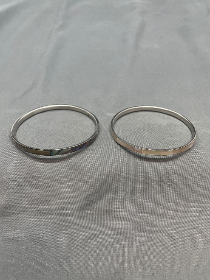 Lot of Two 4.5mm Wide Mother of Pearl & Abalone Inlaid 3in Diameter Fashion Bangle Bracelets