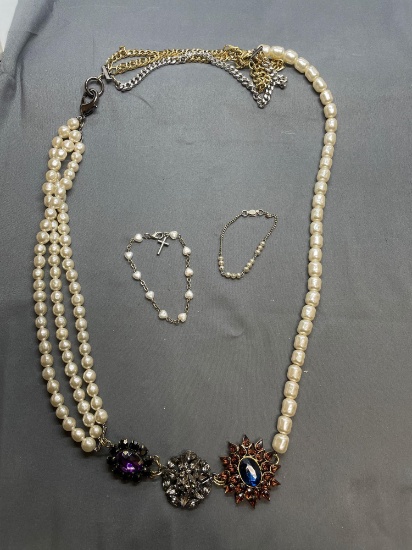 Lot of Three Faux Pearl Featured Fashion Jewelry, Two Bracelets & One Large Cocktail Necklace