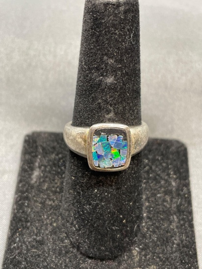 Opal Mosaic Center Detailed Sterling Silver Ring Band