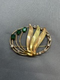 Signed Designer 12kt Gold-Filled Oval 2.5in Wide 2in Tall Brooch w/ Green & White Rhinestone Accents