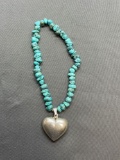 Tumbled Rough Turquoise Beaded 7in Long Bracelet w/ 20x20mm Puffy Heart Sterling Silver Charm