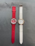 Lot of Two Round 37mm Rhinestone Studded Bezel Stainless Steel Watches w/ Rubber Straps