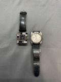 Lot of Two Silver-Tone Stainless Steel Watches w/ Black Leather Straps