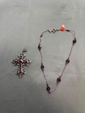 Lot of Two Purple Gemstone Accented, One 57x47mm Silver-Tone Fashion Cross & One 16in Long Toggle