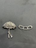 Lot of Two Rhinestone Studded Fashion Silver-Tone Brooches, One Umbrella & One Chain