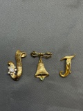 Lot of Three Ribbon Themed Gold-Tone Fashion Brooches, One Bell, One initial T & One Rhinestone