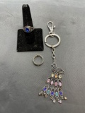 Lot of Three Silver-Tone Fashion Jewelry, One Peacock Design Colorful Keychain & Two Ring Bands