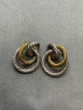 Two-Tone Twisted Rope Detailed 22mm Tall 18mm Wide Pair of Sterling Silver Earrings