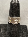 Brush Finished Rhinestone Accented Star Carving Detailed 9mm Wide Sterling Silver Cigar Eternity
