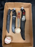 4 Count Lot of Large Knives with Buck 120 from Estate + 2 Unidentified Authographed Baseballs