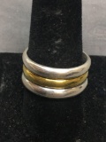 Two-Tone Triple Band Half Rounded 10mm Mexican Made Sterling Silver Cigar Ring Band