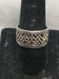 Woven Pattern 11mm Wide Sterling Silver Cigar Ring Band