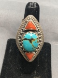 Large 45x25mm Detailed Top w/ Oval 17x15mm Turquoise Cabochon & Twin Red Coral Accents Old Pawn