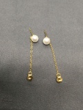 Round 5mm White Pearl w/ Chain Wrap Pair of Gold-Tone Sterling Silver Earrings