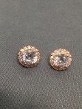 Round Faceted 5.5mm CZ Center Halo Design 9mm Diameter Rose-Tone Pair of Sterling Silver Stud