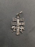 Rustic Angel Accented Crucifixion Themed 29x18mm Sterling Silver Pendant