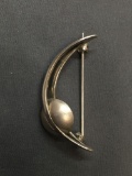 Modern Crescent Moon Design 40mm Tall 18mm Wide Sterling Silver Brooch