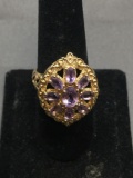 Nine Oval Faceted Amethyst Cluster Center Vintage Style 26mm Wide Gold-Tone Sterling Silver Ring