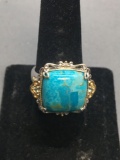 Square Cushion 15mm Turquoise Cabochon Center w/ Twin Blue Topaz Sides Two-Tone Sterling Silver Ring