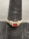 Horizontal Set Rectangular Step Faceted 6x4mm Garnet Center Detailed Sterling Silver Ring Band