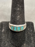 Gemstone Inlaid Centers 8mm Wide Tapered Sterling Silver Ring Band