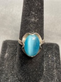Buttercup Set Oval 13x10mm Blue Cat's Eye Cabochon Center Sterling Silver Ring Band