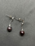 Round 7mm Black Pearl Center w/ Spiral Dangle Accent Pair of Sterling Silver Earrings