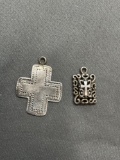 Lot of Two Sterling Silver Items, One Milgrain Detailed Cross Pendant & One Filigree Cross Decorated