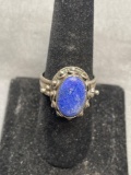 Oval 15x9mm Lapis Cabochon Center Handmade Indonesian Styled Sterling Silver Ring Band