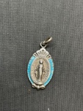 Virgin Mary Themed 20mm Tall 12mm Wide Enameled Detailed Sterling Silver Protection Medallion