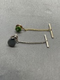 Lot of Two Fashion Tie Pins w/ Chains, One Silver-Tone w/ Hematite Center & Gold-Tone w/ Jade