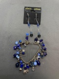 Lot of Two Blue Glass Featured Silver-Tone Alloy Chandelier Style Bracelet & Pair of Earrings
