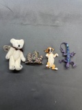 Lot of Four Whimsical Animal Themed Figurines, One Plush Bear, Resin Gecko, Fimo Frog & Resin Puppy