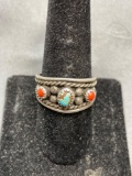 Antique Finished Rope Frame Detailed 12mm Wide Tapered Sterling Silver Ring Band w/ Oval Turquoise &