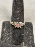 Butterfly Center Detail w/ Round Pink Gem Center Sterling Silver Ring Band