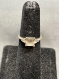 Square Step Faceted 6mm White Topaz Center w/ Twin Trillion Sides Sterling Silver Three-Stone Ring